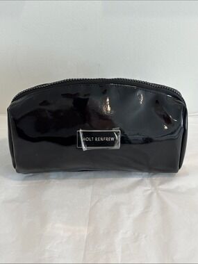 HOLT RENFREW Black Patent Travel toiletry bag make up case cosmetic bag lined